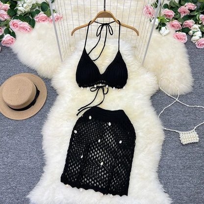 Damen Sommer Bademode Strand Sonnenbaden Muschel Bikini Set Stilvolle einfarbige Neckholder Hohler Strickrock