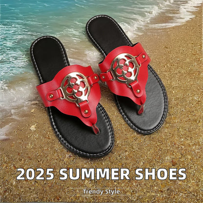 Sandales plates d'été pour femmes à bout ouvert avec boucle métallique élégante Tongs tendance pour pantoufles