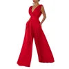 Combinaison pantalon longue à jambes larges et col en V pour femme, taille haute, sans manches, couleur unie, pour le bureau, printemps été