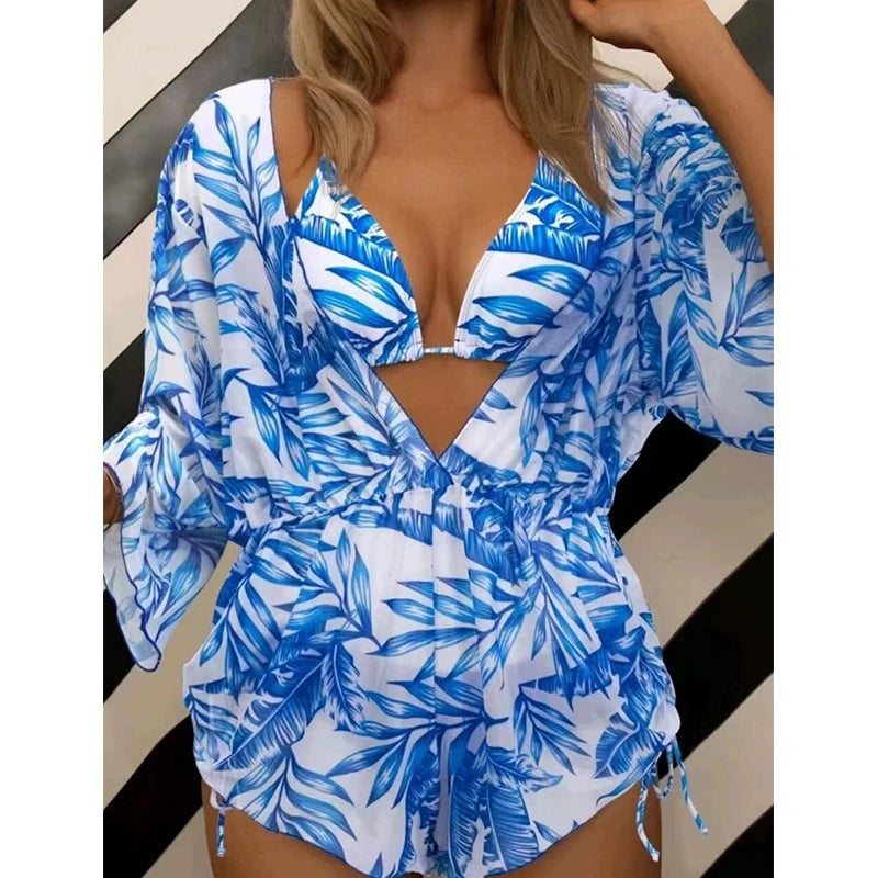 3 Piece Set Bikini New Summer Women Sexy Bikini Loose Beach Spaghetti Strap Bra Jumpsuit Suits Printed Swimwear Bikini
