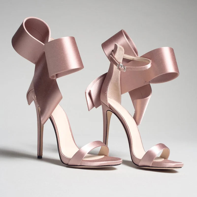 Sandales à talon aiguille en satin avec grand nœud, pour femme, chaussures 2021