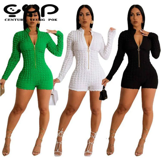 Women's 2023 Long-Sleeved Bodycon Jumpsuit Solid Color Zipper-Neck Casual Knitted 2-Piece Set