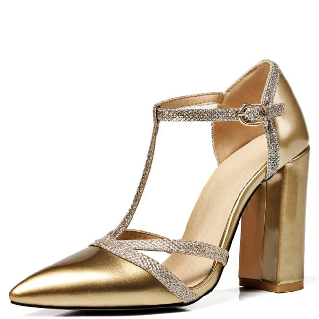 Big Size 47 Patent Leather Women Block High Heels Shoes for Evening Fetish Multi-colors Pointed Toe Pumps T-strap Sandals Ladies