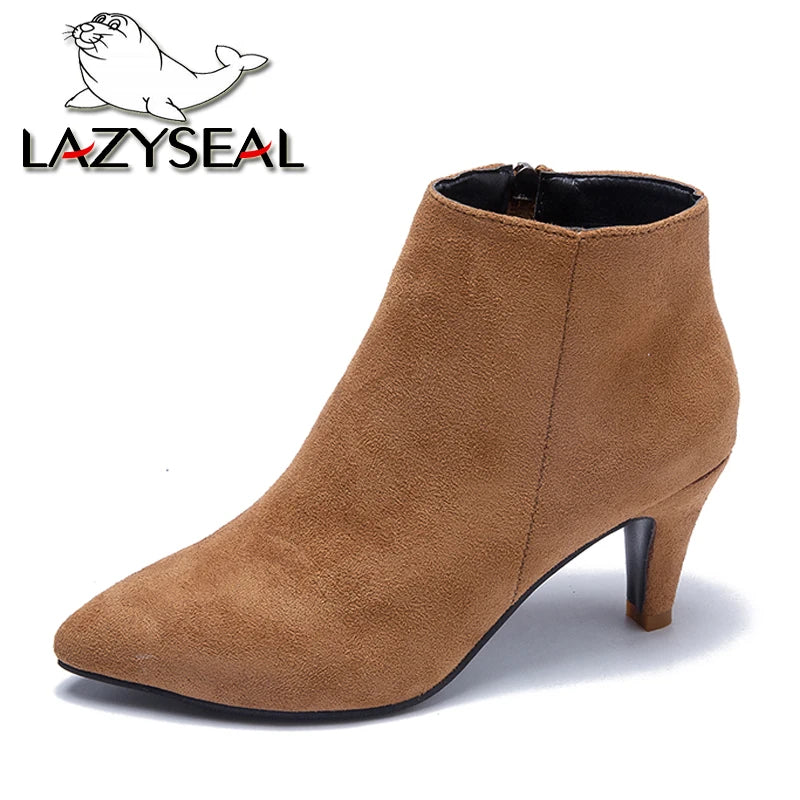 LazySeal 2025 New Luxury Leopard Women Boots Leather Winter Casual Shoes Hoof Heels Zip Pointed Toe Ankle Boots Big Size 43