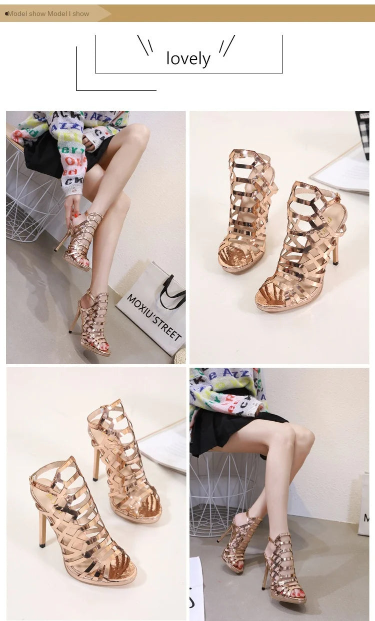 2025 Classic Comfortable High Heel Women's Summer Sandals Hollow Metal Street Shot Long-Term in Stock Open Back Counter Type