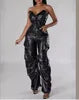 S-3XL  New Fashion Women's Clothing Sexy Strapless Single Breasted Jumpsuit Multi Pocket Workwear Jumpsuit