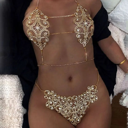 Parure de lingerie sexy avec chaîne en strass, bijoux de corps en forme de cœur pour femmes, maillot de bain, sous-vêtements à paillettes, soutien-gorge et string en cristal #0699