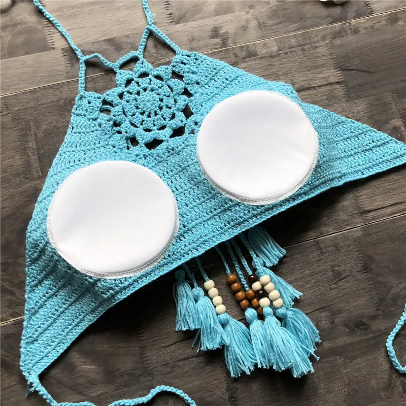 New Custom Handmade Crochet Swimwear Women Bralette Halter Neck Crop Tank Tops Crochet Bikini Top
