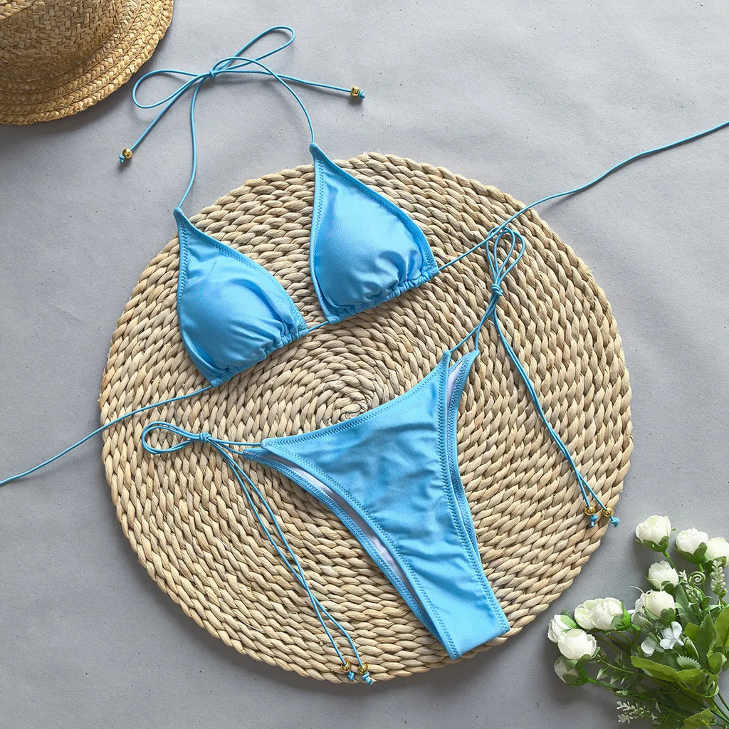JSN Micro Bikini Sexy Women Swimsuit Female Swimwear Solid Mini Bikini Set Three Piece Thong Swimming Suits