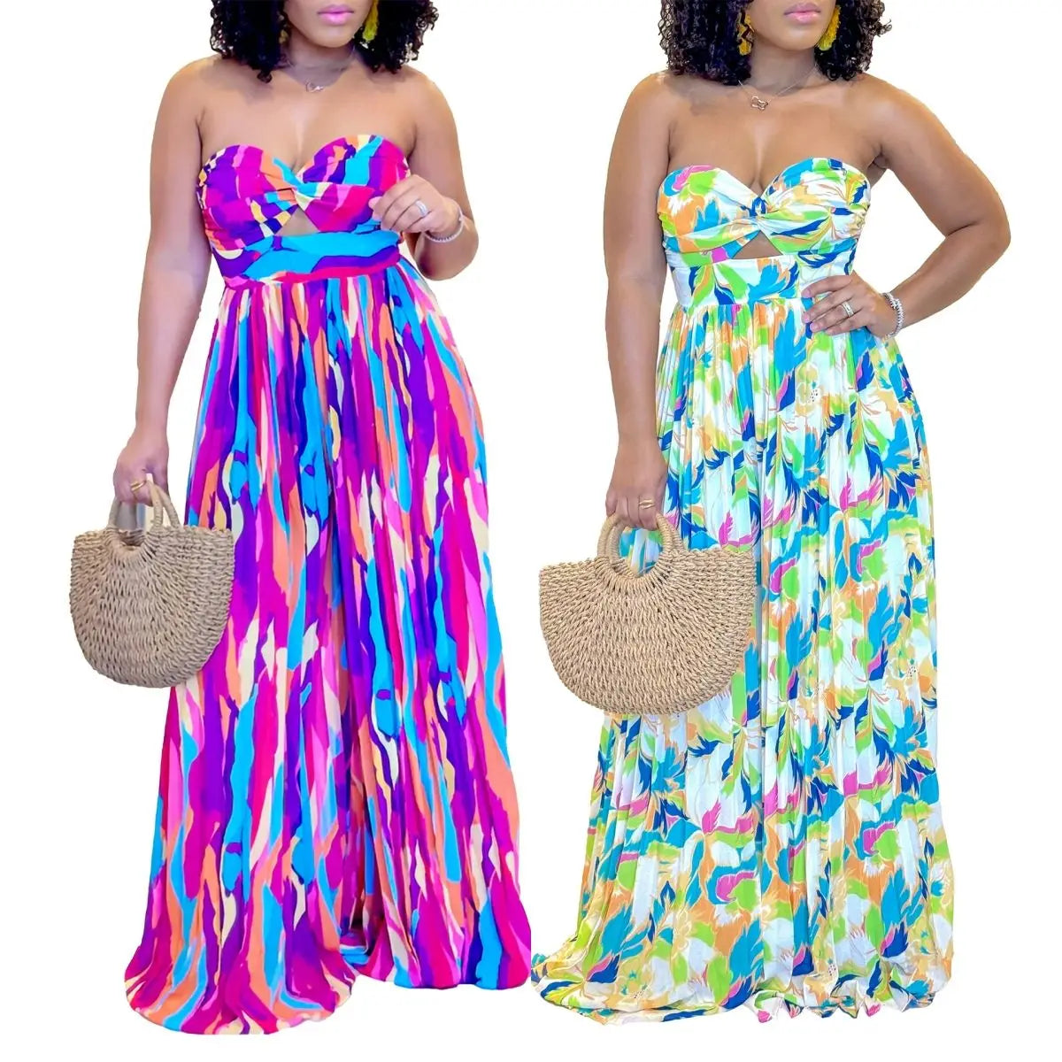 Latest Summer Design Satin Jumpsuit for Women Sexy Strapless off Shoulder Pleated Wide Leg Button Decoration for Party Occasions
