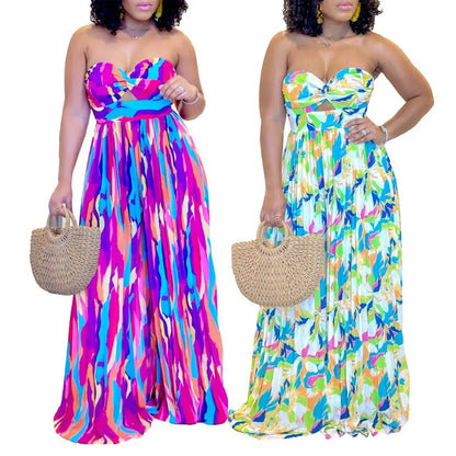 Latest Summer Design Satin Jumpsuit for Women Sexy Strapless off Shoulder Pleated Wide Leg Button Decoration for Party Occasions