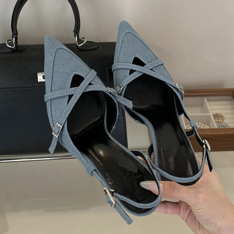 High Quality Summer Slim Heel Sandals Niche Temperament Fashion Denim with Open Back Counter Pointed High-quality Design