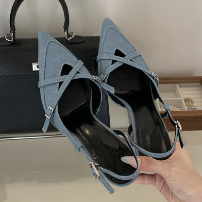 High Quality Summer Slim Heel Sandals Niche Temperament Fashion Denim with Open Back Counter Pointed High-quality Design