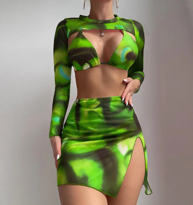 Ensemble de 4 pièces de maillot de bain tie-dye grande taille avec paréo