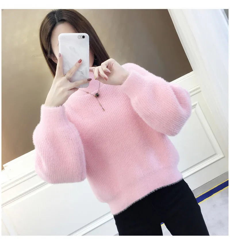 Autunno/Inverno Donna Maglione Pullover Nuovo Mezza Dolcevita Manica Lanterna Maglione Corto Imitazione Visone Pile Maglia Maglione Top