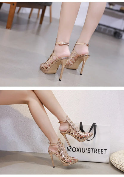 2025 Classic Comfortable High Heel Women's Summer Sandals Hollow Metal Street Shot Long-Term in Stock Open Back Counter Type