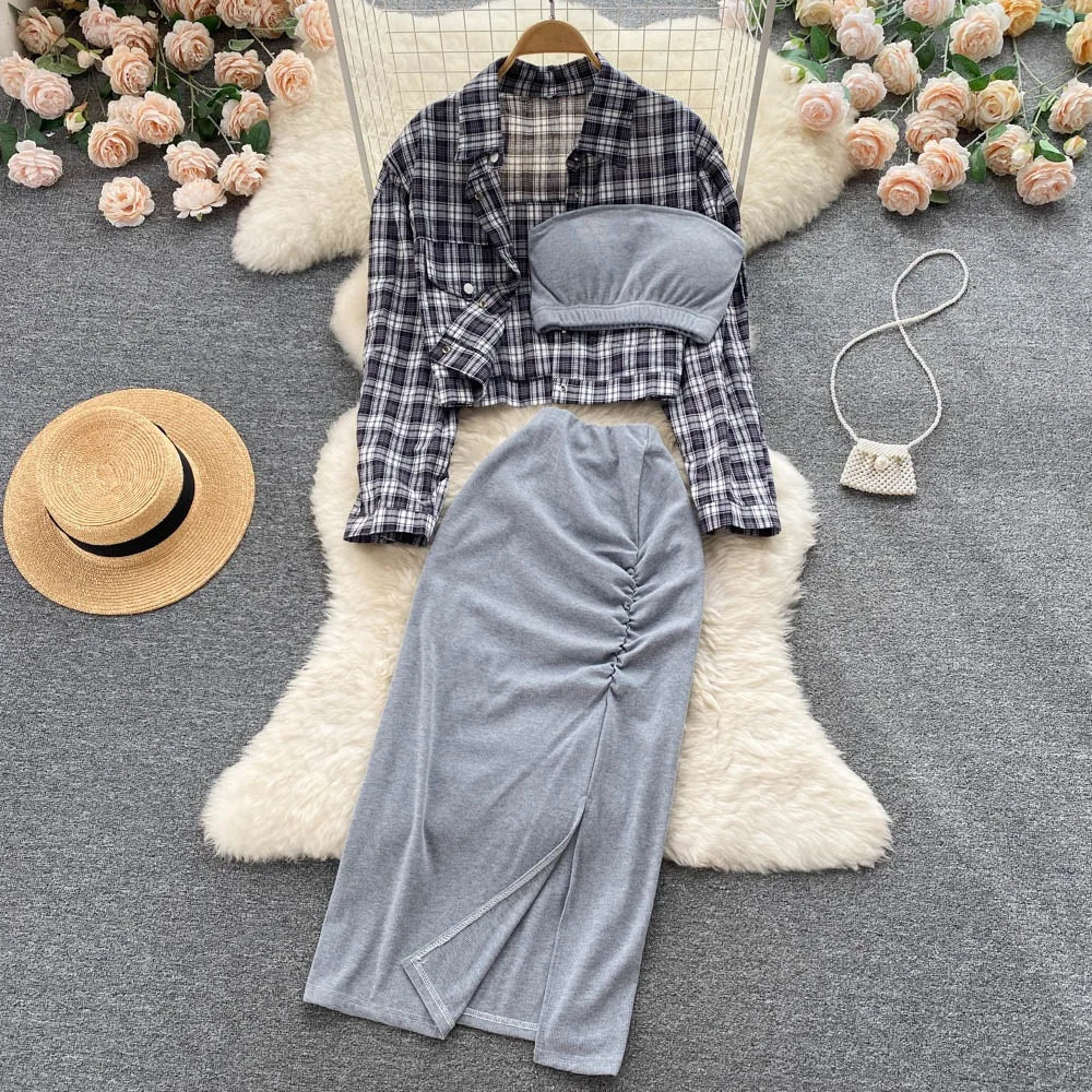 ANSZKTN Sommer Damen Sommeranzug Damen Sonnenschutzhemd Vielseitiger sexy BH Faltenrock Dreiteiler Mode