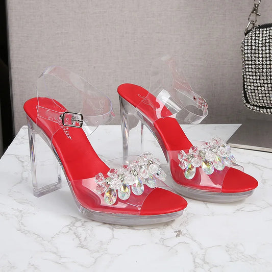 Fashion Women's Summer Open Toe PU Dress Sandals 11CM Black High Heels Waterproof Platform Flat Heeled Sexy Height Increasing