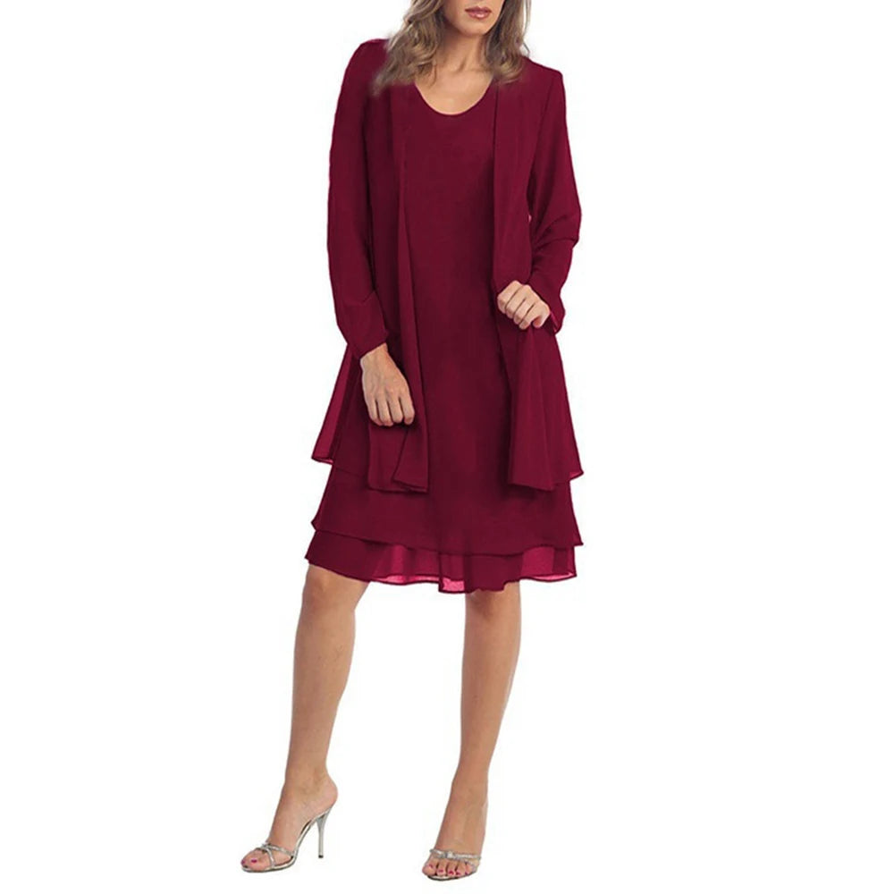 2 pezzi abito in chiffon set donna casual manica lunga cardigan solido abito elegante abiti da festa da sera da sposa abbigliamento abiti
