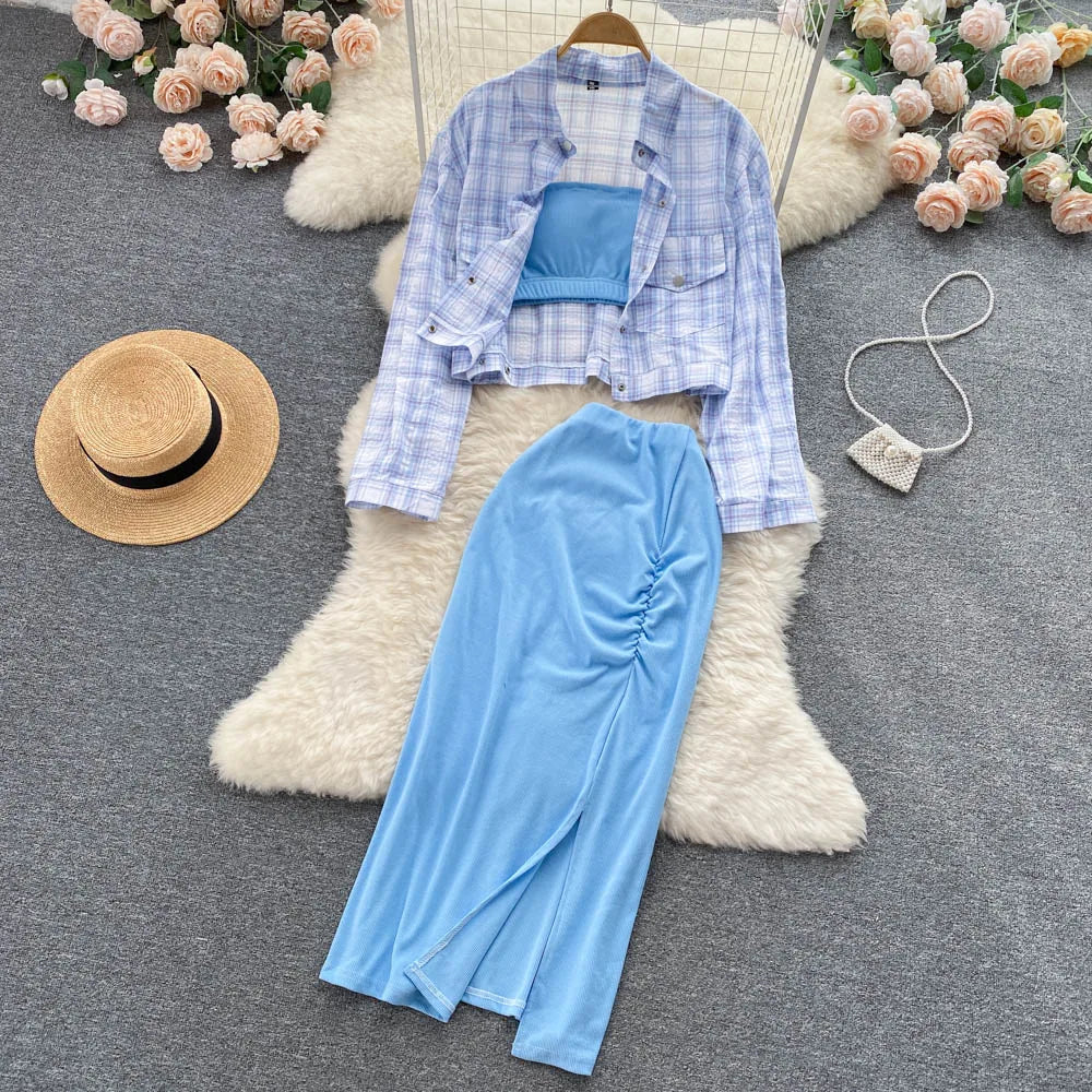 ANSZKTN Sommer Damen Sommeranzug Damen Sonnenschutzhemd Vielseitiger sexy BH Faltenrock Dreiteiler Mode