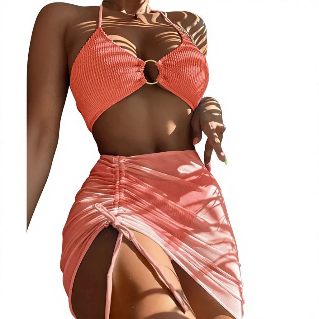 2023 New Sexy Solid Three-Piece Swimsuit Floral Pattern Mesh Bikini Set Spandex/Nylon Split Swimwear & Beachwear