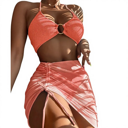 2023 New Sexy Solid Three-Piece Swimsuit Floral Pattern Mesh Bikini Set Spandex/Nylon Split Swimwear & Beachwear