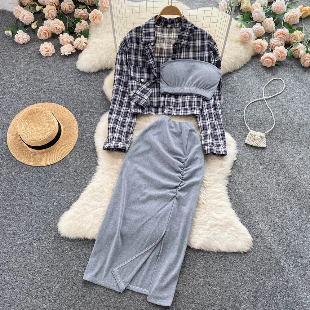 ANSZKTN Sommer Damen Sommeranzug Damen Sonnenschutzhemd Vielseitiger sexy BH Faltenrock Dreiteiler Mode