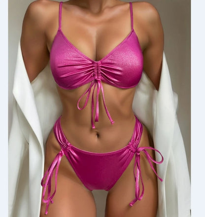 2024 Fashion Young Reflective Sexy Bikini 2 Piece Bandage Pink Beachwear Swimwear