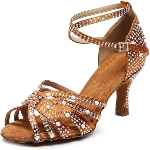 Brown Rhinestone Ballroom Dance Shoes Salsa Sandals Latin Bachata Performance Dancing Shoes