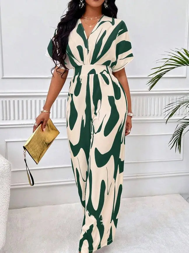 2025 Fashion Frühling Sommer Neue High Waist Kurzarm Jumpsuits Weites Bein Hosen Overalls Damen Bedruckter Sommer Lockerer Jumpsuit