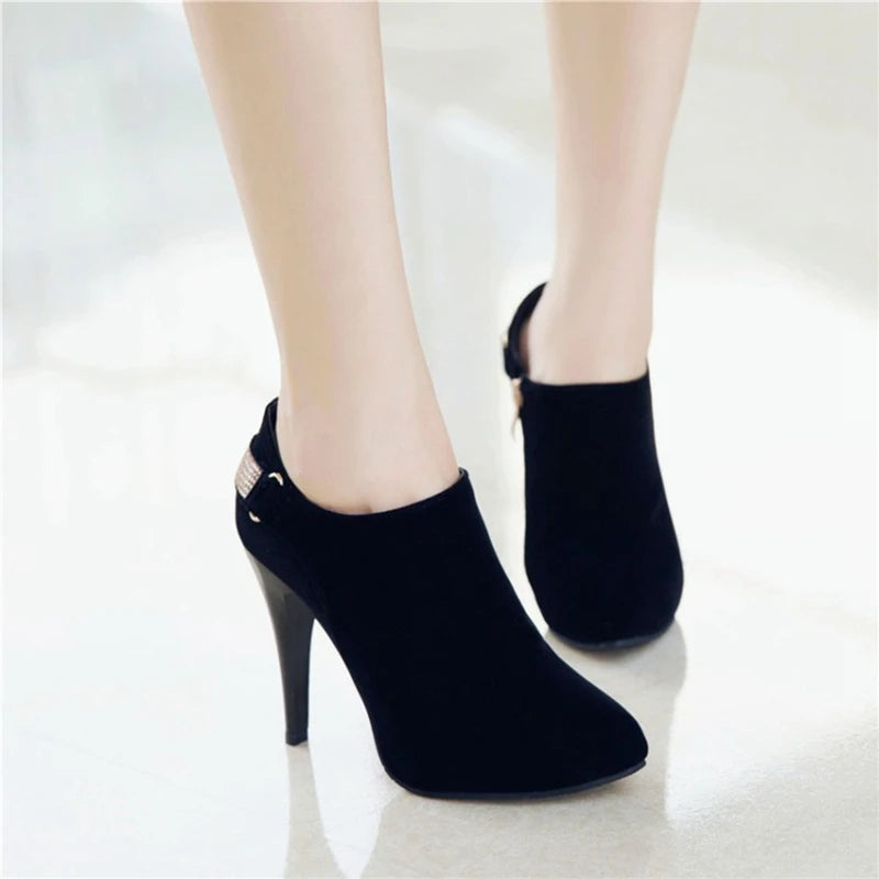 REAVE CAT Ankle Boots Pointed Toe Shoes women Sale Thin Heels Flock Suede Leather Rhinestone Big Size 31-50 Weeding Blue Black