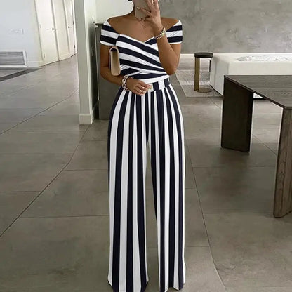 Summer Fashion Sexy Deep V-neck Jumpsuit Women's Short Sleeve Floral Digital Print Waist Trousers Jumpsuit