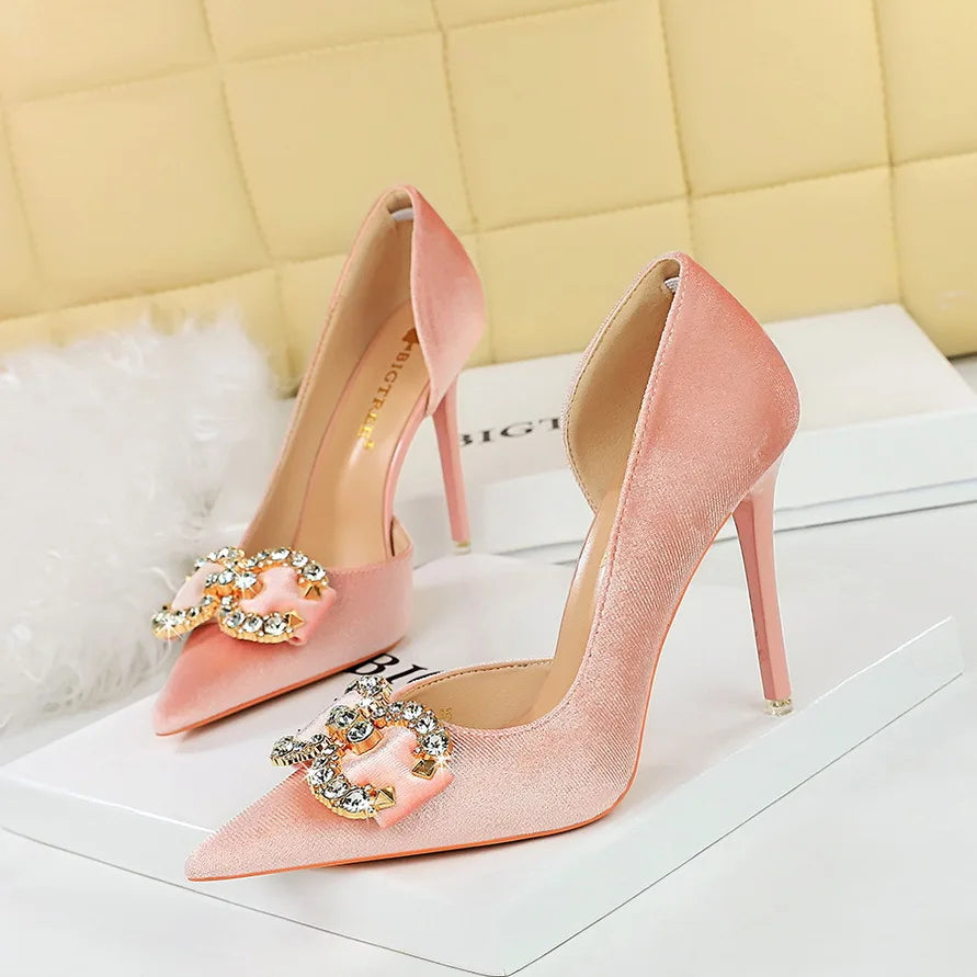 Banquet High Heels Women's Shoes Shallow Mouth Pointed Side Hollowed Out Rhinestone Pearl Bow Sandals