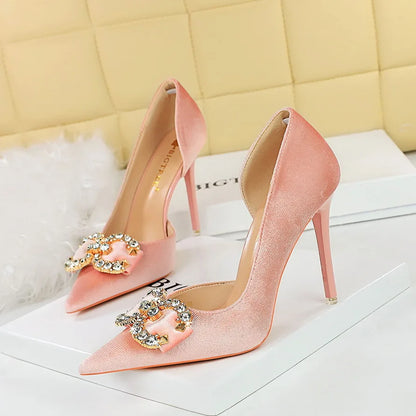 Banquet High Heels Women's Shoes Shallow Mouth Pointed Side Hollowed Out Rhinestone Pearl Bow Sandals