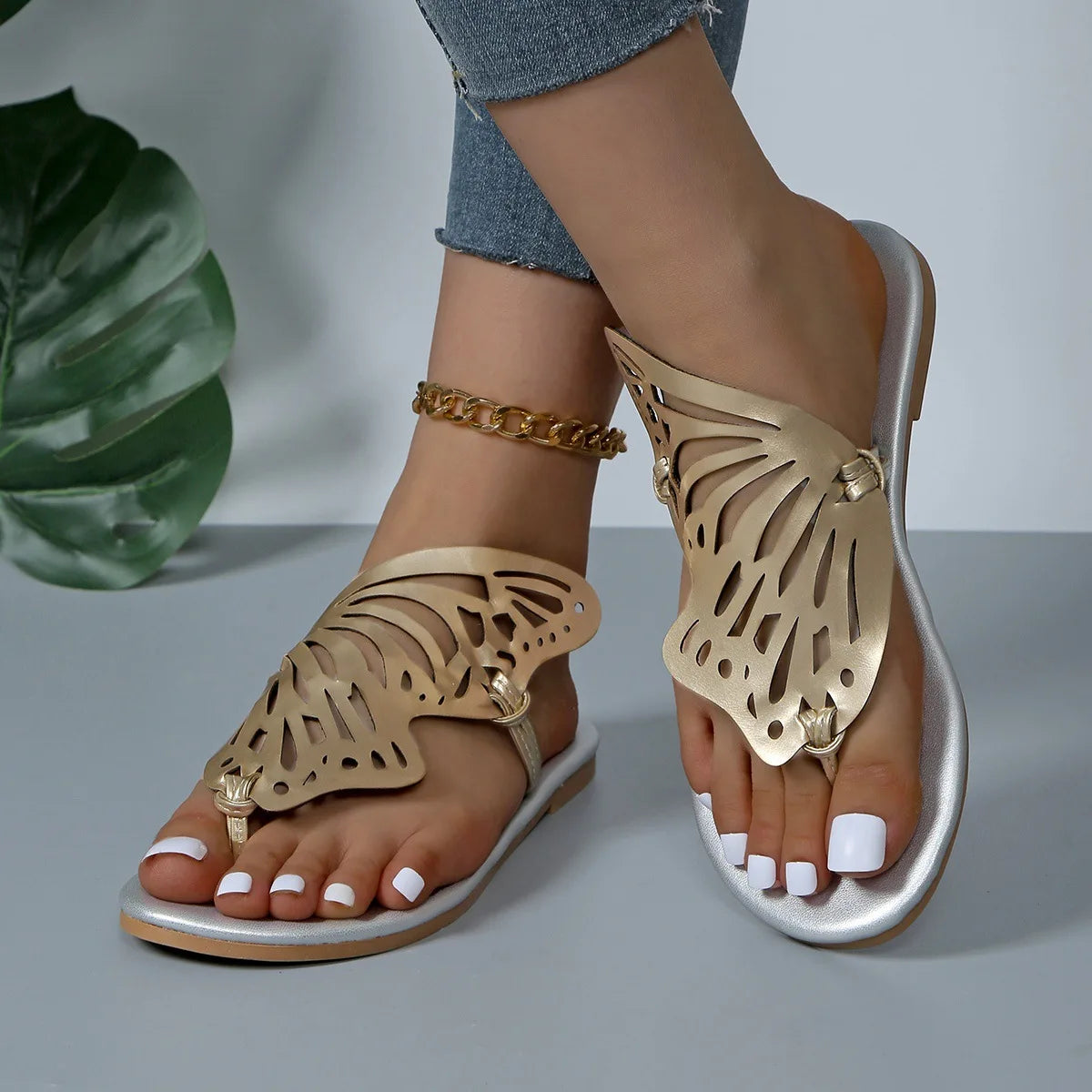 Nouvelle Mode Été Filles Bout Ouvert Plat Extérieur pour Chaussons Papillon Sandales en Cuir Léger Respirant et Antidérapant