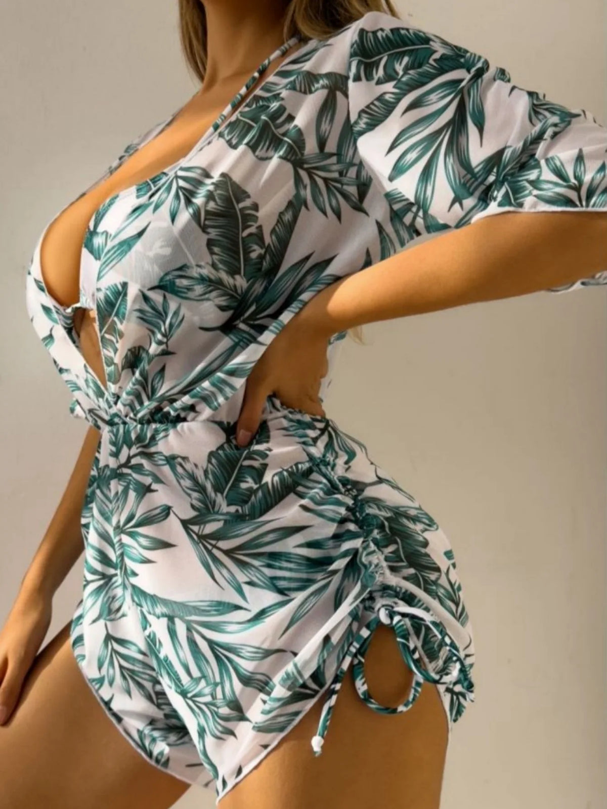 S-XL Bikini Three Piece Set Leaf Print Waist Tied Fashionable Long Sleeved Beach Sun Proof Swimsuit Set  3pack
