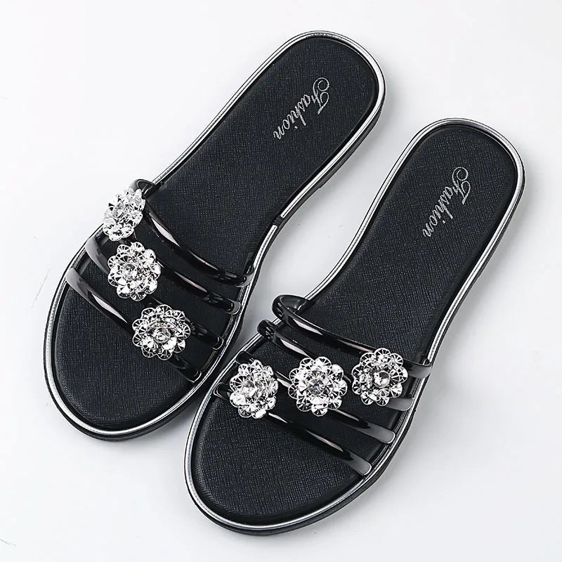 Tongs décontractées à strass fleurs pour l'extérieur, pantoufles, sandales d'été plates pour femmes, chaussures de plage