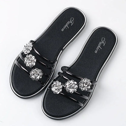 Tongs décontractées à strass fleurs pour l'extérieur, pantoufles, sandales d'été plates pour femmes, chaussures de plage