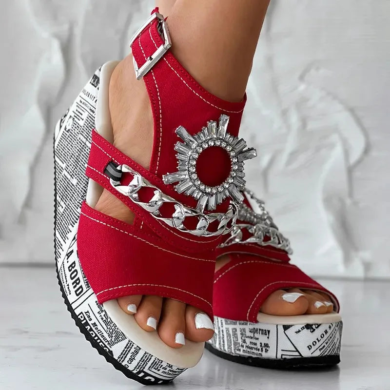 Sandales compensées à paillettes 2026 NEW KJ Summer - Nouveau style - Vêtements d'extérieur avec boucle de ceinture - Chaussures pour femmes