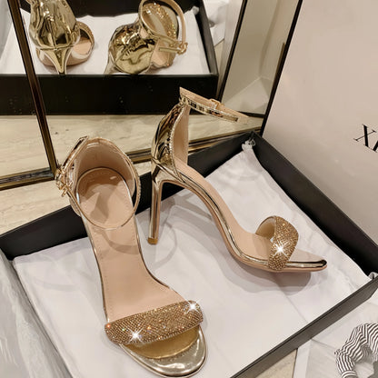 Women's 2025 Summer Luxury Crystal Sandals - Thin Heel Round Toe Open Toe Suede High Heels