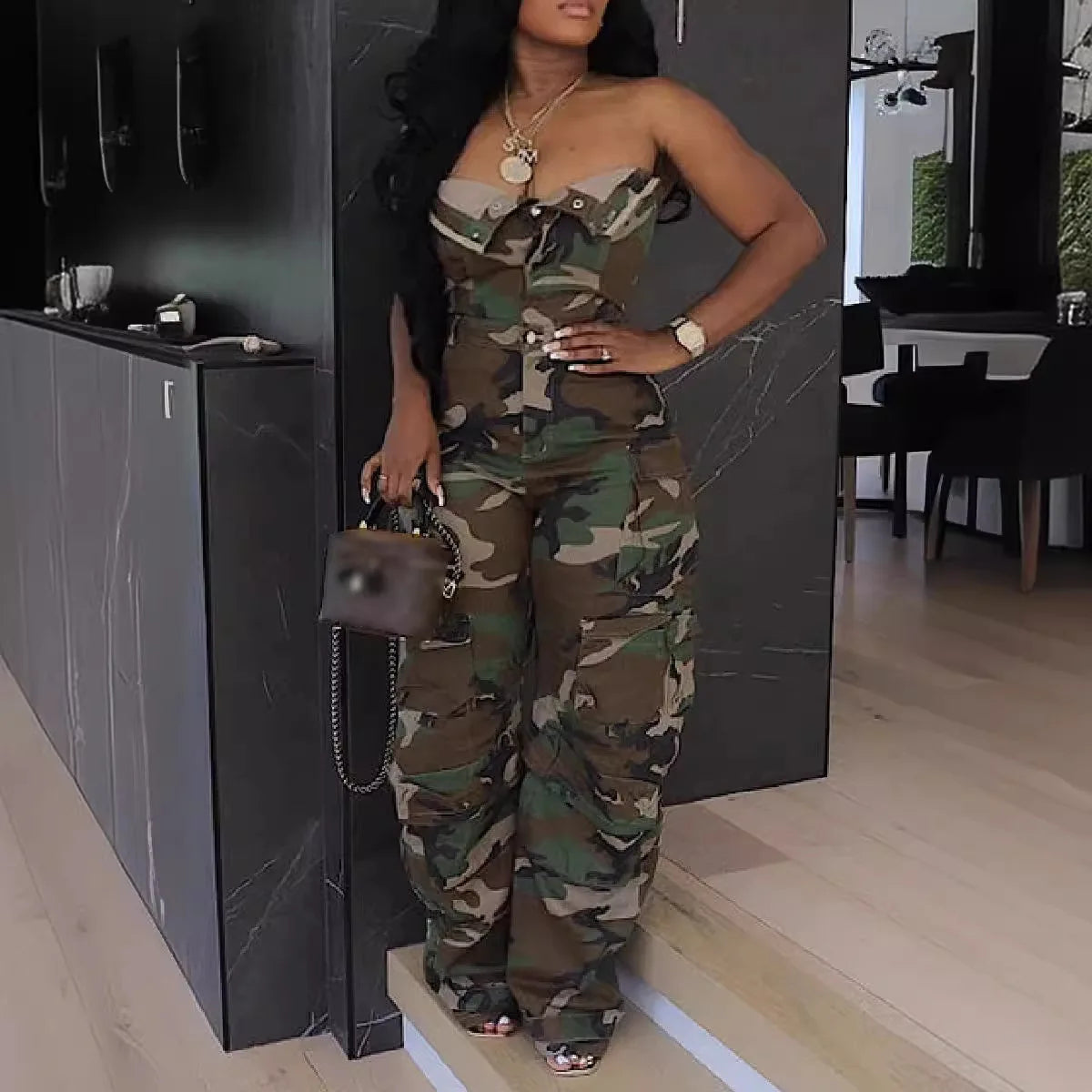 S-3XL  New Fashion Women's Clothing Sexy Strapless Single Breasted Jumpsuit Multi Pocket Workwear Jumpsuit