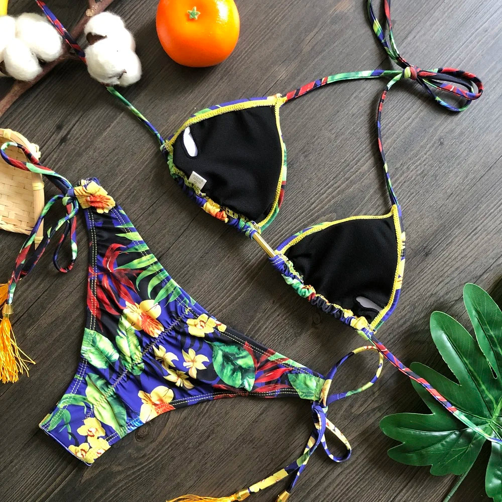 RUOTONGSEPT Sexy Micro Bikinis Set 2024 New Swimsuit Women Feather Print Bandage Swimwear Female Bathing Suit Brazilian Biquinis