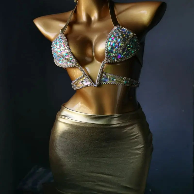 Damen Sexy Body Chain Kristall Diamant Bikini Strand Luxus Bademode Schmuck Crop Top BH für Nachtclub High Cut Bikini Set
