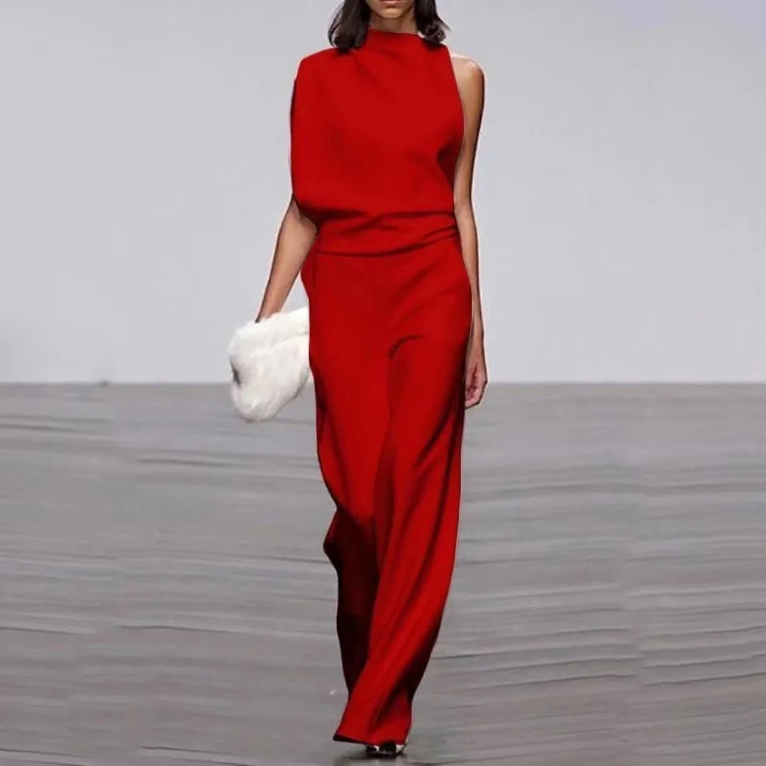 S-3XL New European Solid Shoulder Stacked Neck Jumpsuit Dress Pants