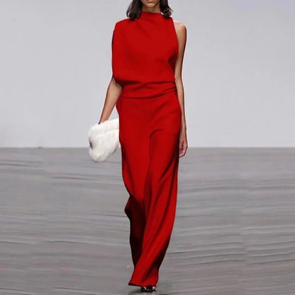 S-3XL New European Solid Shoulder Stacked Neck Jumpsuit Dress Pants
