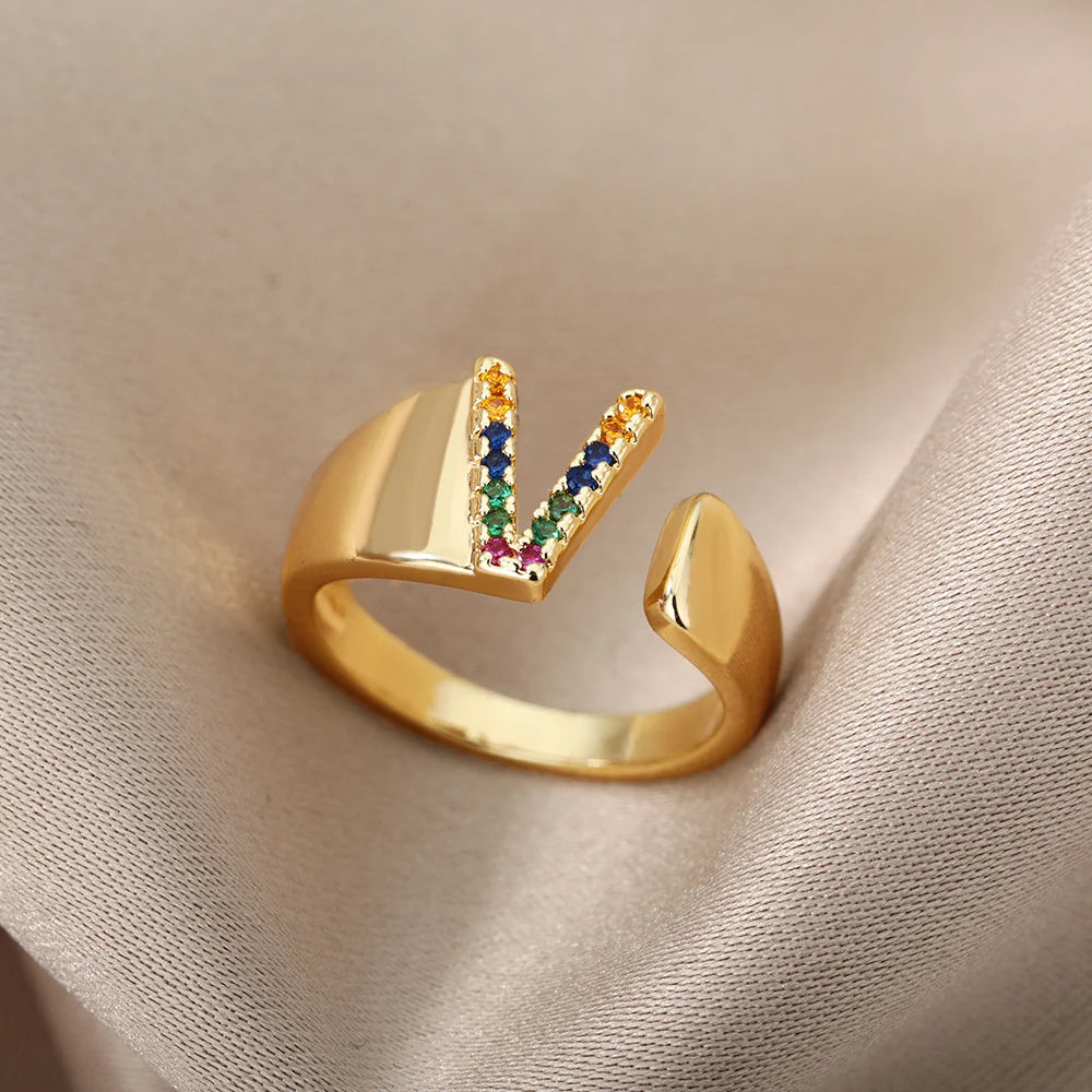 Anelli con lettera zircone arcobaleno per le donne Moda grosso lettera larga AZ anello in acciaio inossidabile matrimonio gioielli Boho spedizione gratuita