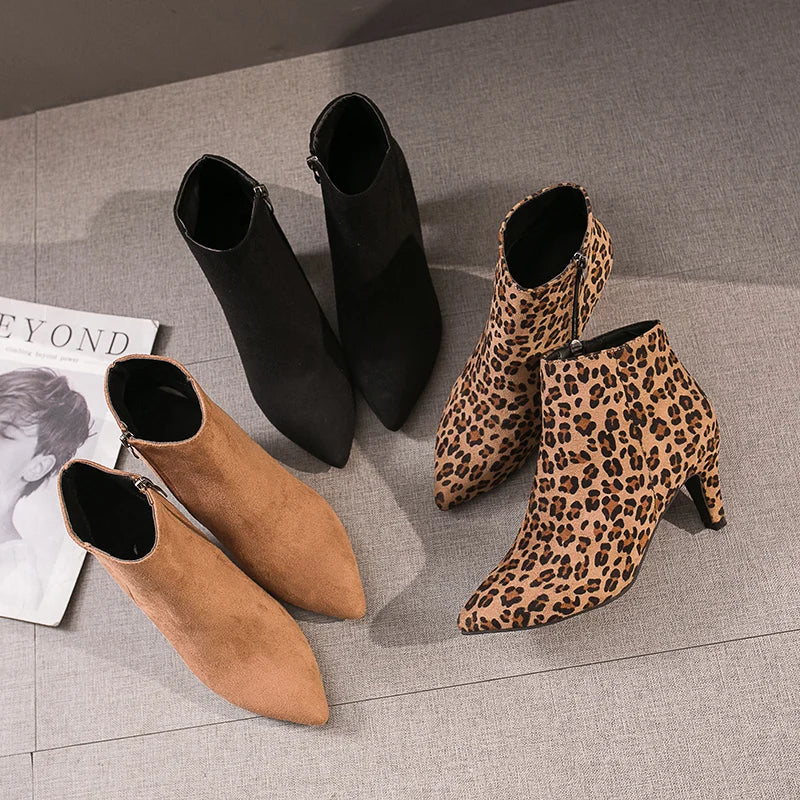 LazySeal 2025 New Luxury Leopard Women Boots Leather Winter Casual Shoes Hoof Heels Zip Pointed Toe Ankle Boots Big Size 43
