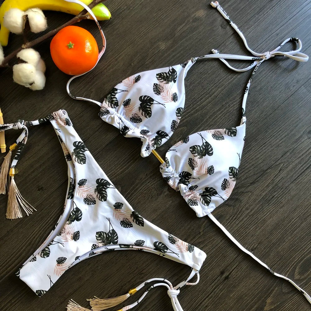 RUOTONGSEPT Sexy Micro Bikinis Set 2024 New Swimsuit Women Feather Print Bandage Swimwear Female Bathing Suit Brazilian Biquinis