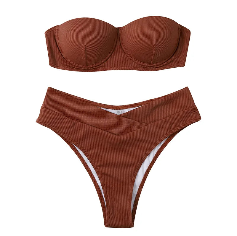 Hersteller Benutzerdefiniertes Logo 2-teiliger Bandeau-Badeanzug mit hoher Taille Einfarbiger Bikini Damen Sexy Bandeau Bademode Geripptes Bikini-Set
