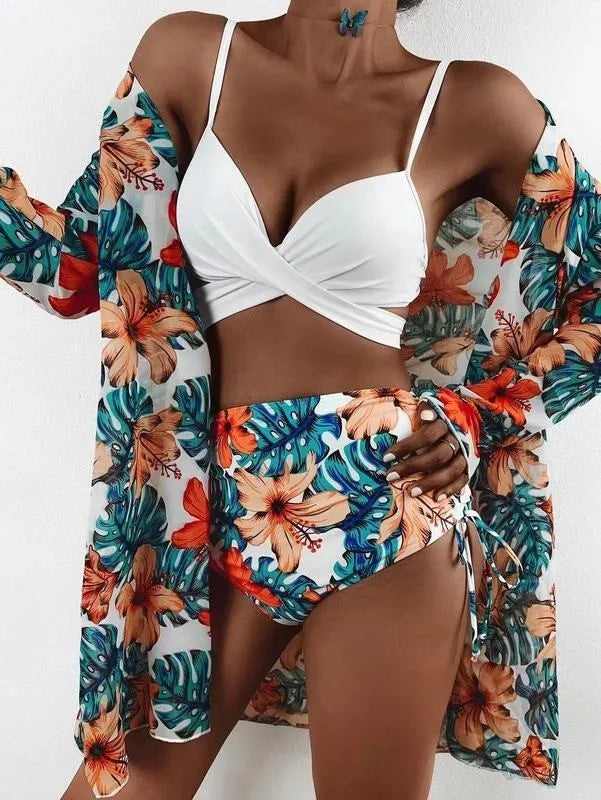 Swimwear Custom Plus Size Bathing Suit for Women 3 Pieces Swim Suit Halter High Waist Swimwear Pink Floral Bikini Set